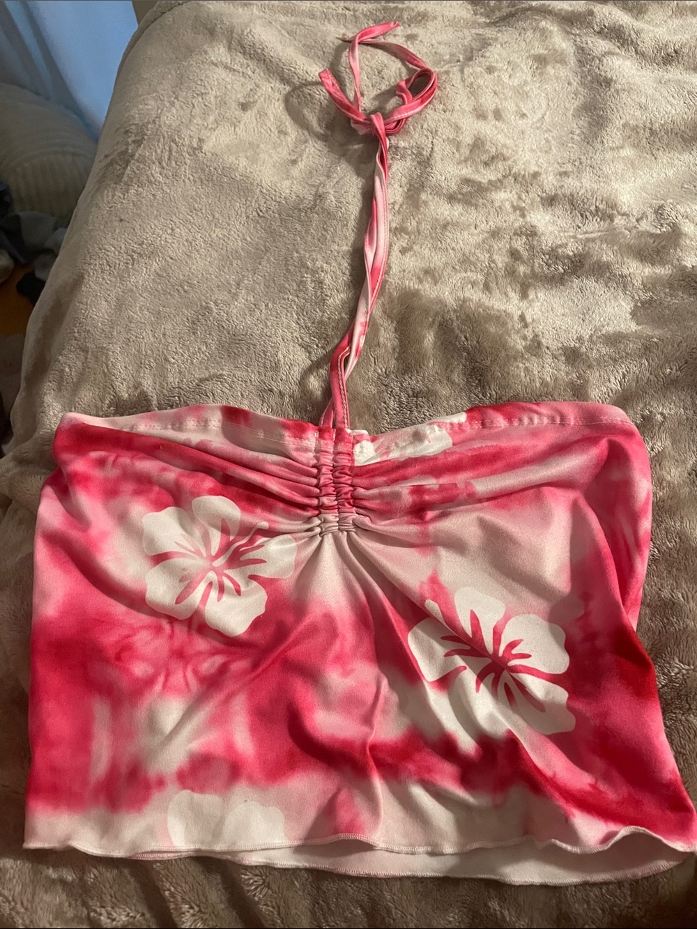 SHEIN Pink White Floral Halter Tank Top